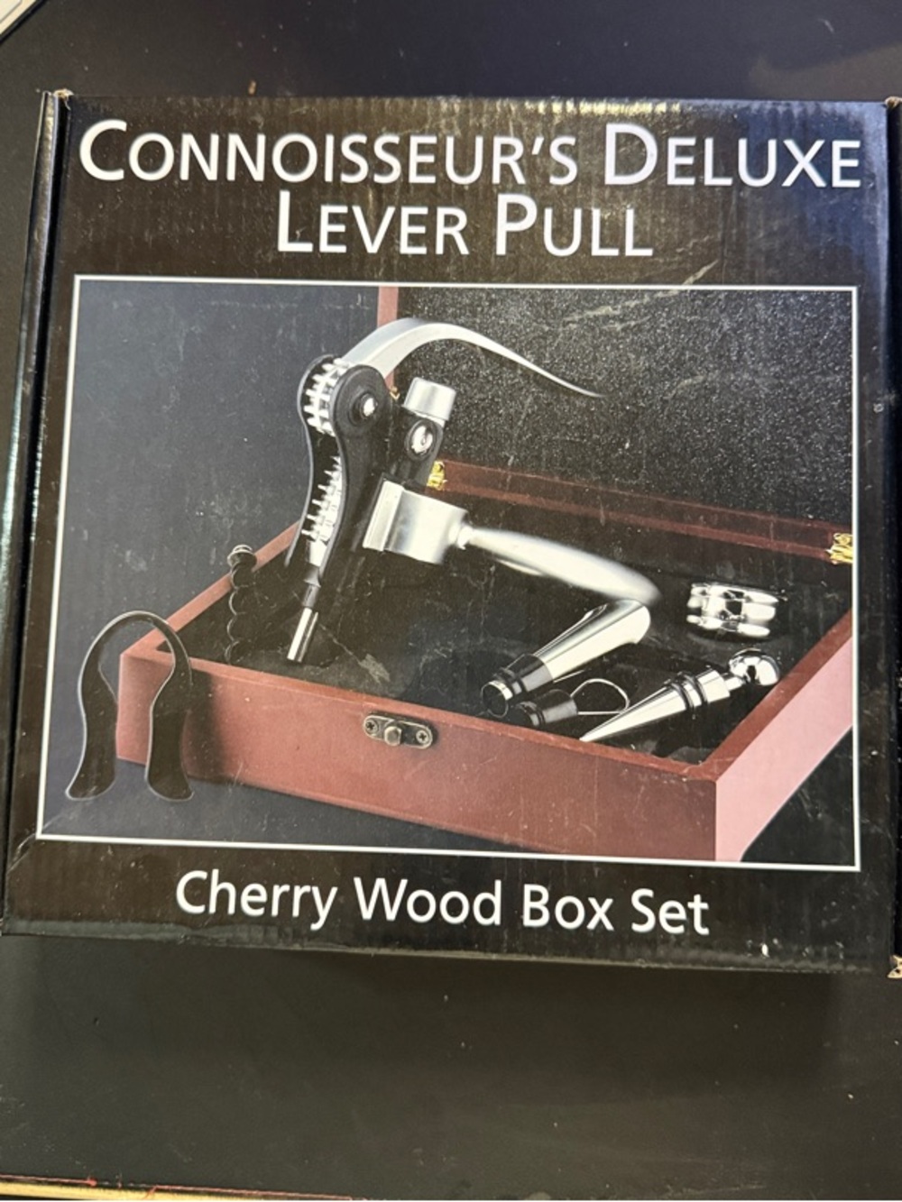 Lever Pull Wine Opener - Cherry Wood Box Set - Silver/Black
